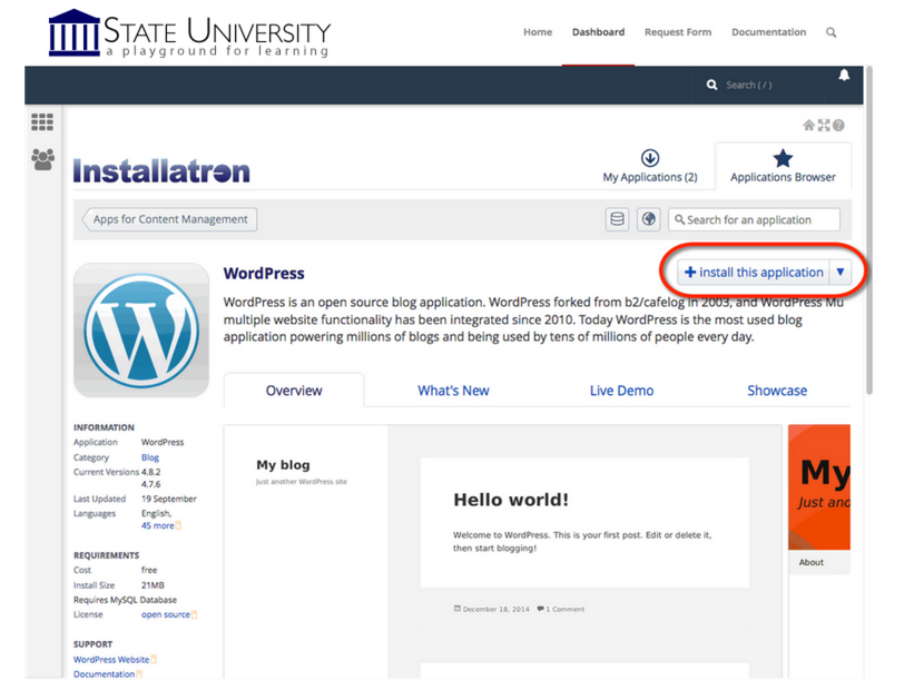 Screenshot of Installatron WordPress installation page