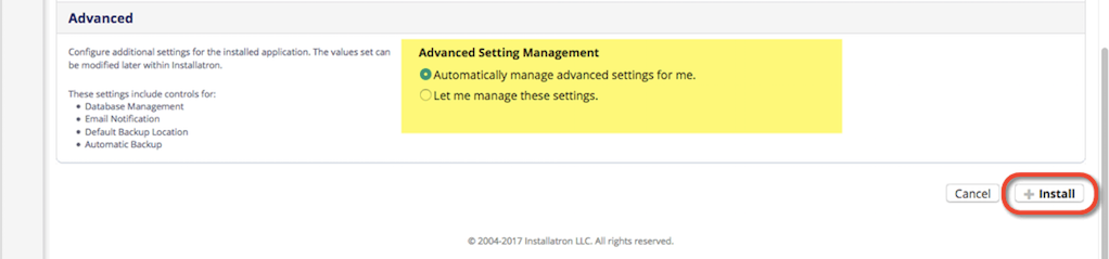 Screenshot of Advanced Setting Management and installation button in Installatron