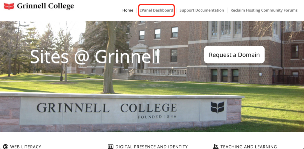 Screenshot of the Sites.Grinnell homepage, with the "cPanel Dashboard" menu item circled