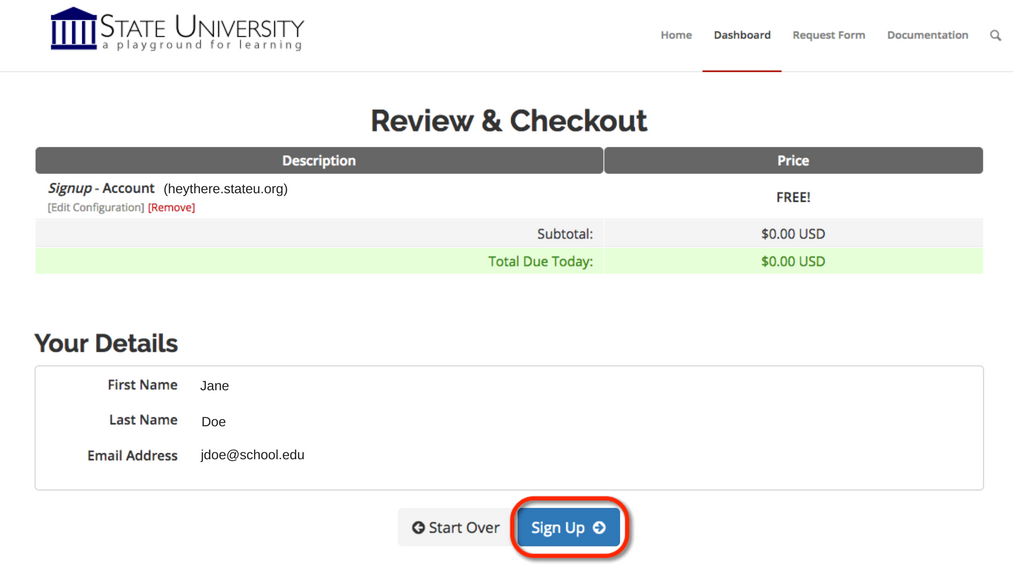 Screenshot of sign up and subdomain registration checkout page