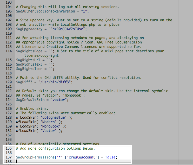 Screenshot of code configuration options