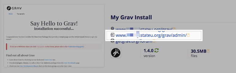 Screenshot of Grav admin URL highlighted in Installatron