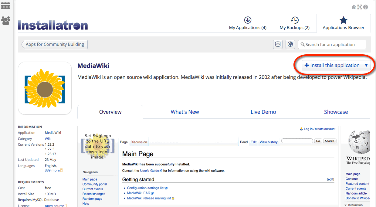 Screenshot of MediaWiki application page in Installatron