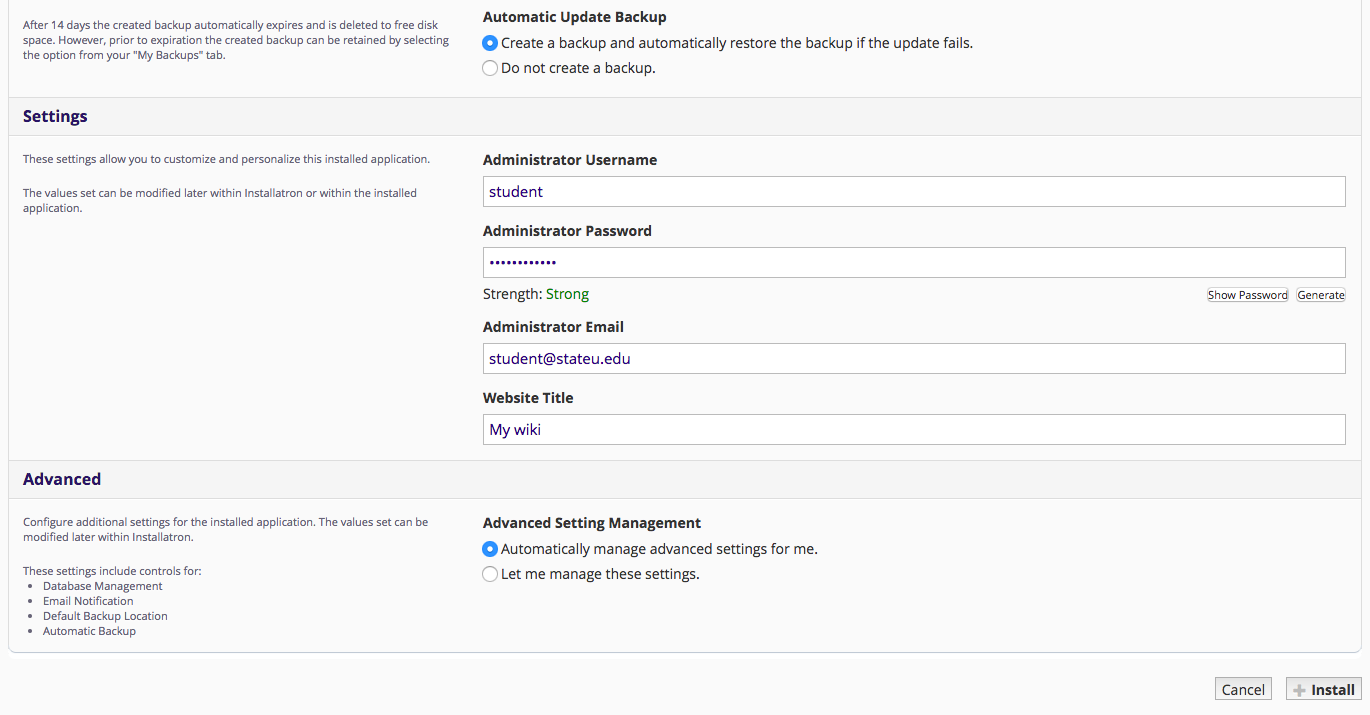 Screenshot of MediaWiki installation settings in Installatron