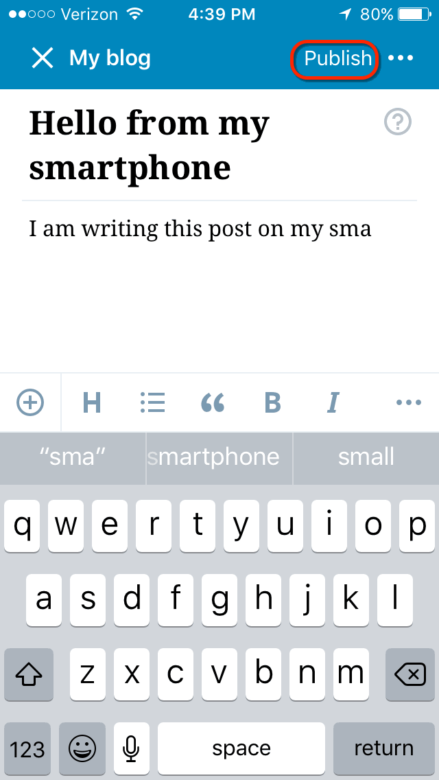Screenshot of mobile view of Publish post button