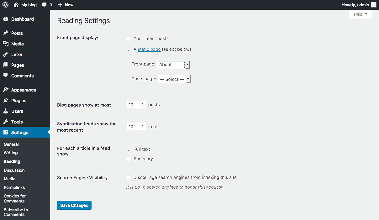 screenshot of WordPress reading settings