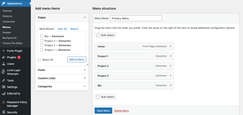 Screenshot of the Menu settings in the portfolio template